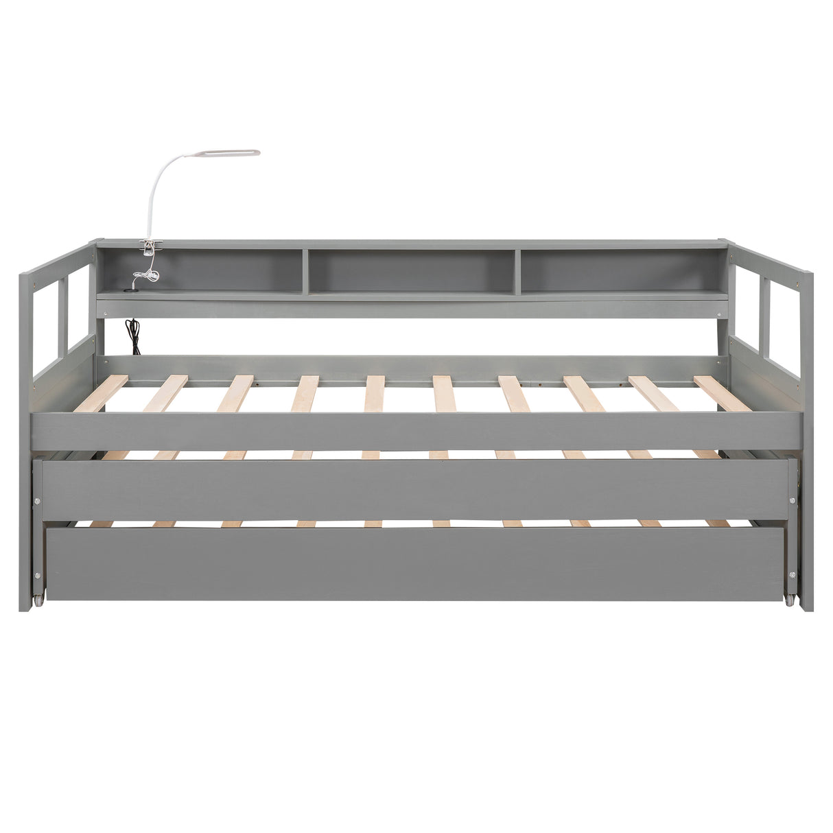 Twin XL Wood Daybed with 2 Trundles, 3 Storage Cubbies, 1 Light for Free and USB Charging Design, Gray - Home Elegance USA