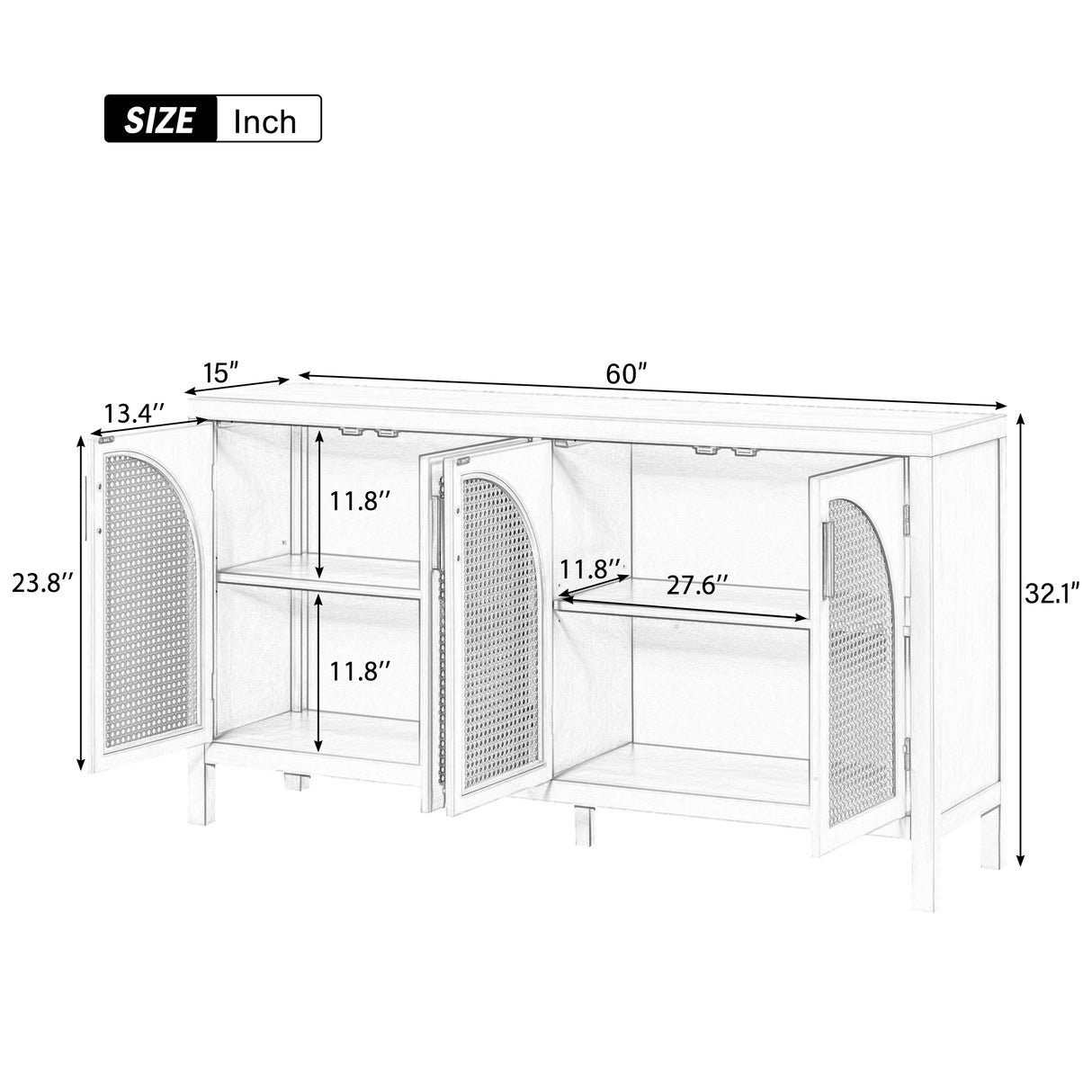 TREXM Large Storage Space Sideboard with Artificial Rattan Door and Metal Handles for Living Room and Entryway (Black) - Home Elegance USA