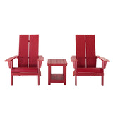 Key West 3 Piece Outdoor Patio All-Weather Plastic Wood Adirondack Bistro Set, 2 Adirondack chairs, and 1 small, side, end table set for Deck, Backyards, Garden, Lawns, Poolside, and Beaches, Red