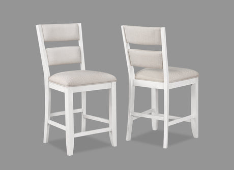 2pc Set White Farmhouse Style Ladder Back Counter Height Side Chair Stool Cream Color Upholstered Seat and Back Dining Room Wooden Furniture - Home Elegance USA