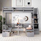 Full over Full Size Bunk Bed with staircase,the Down Bed can be Convertible to Seats and Table Set,Grey - Home Elegance USA