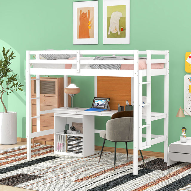 Twin size Loft Bed with Desk and Writing Board, Wooden Loft Bed with Desk & 2 Drawers Cabinet- White - Home Elegance USA