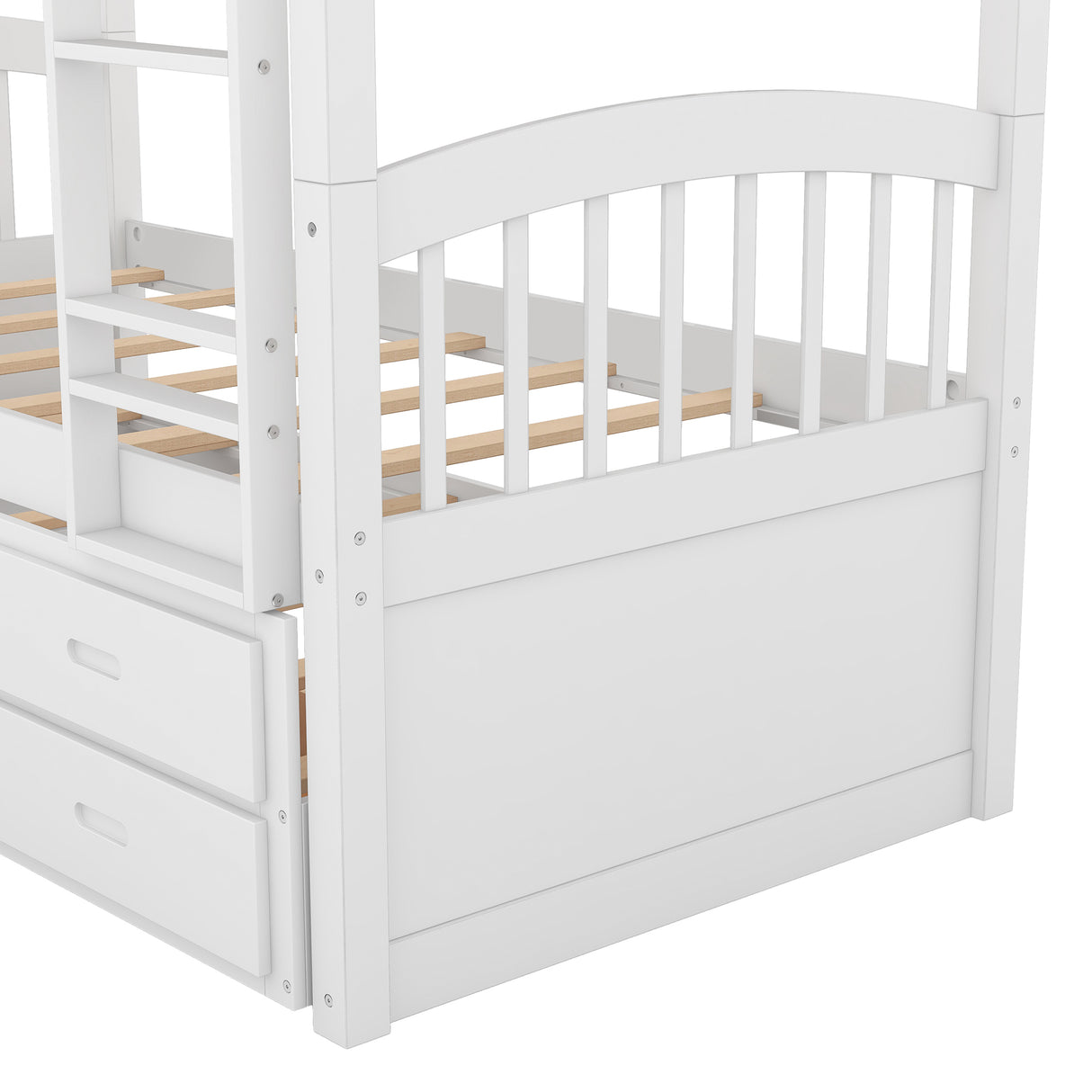 Twin over Twin Wood Bunk Bed with Trundle and Drawers,White - Home Elegance USA