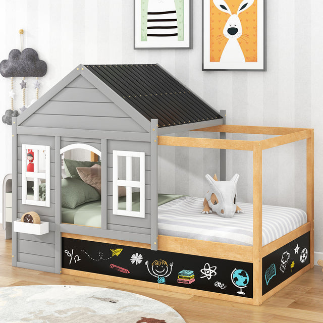 Twin Size House Shaped Canopy Bed with Black Roof and White Window,Blackboard and Little Shelf,Gray - Home Elegance USA