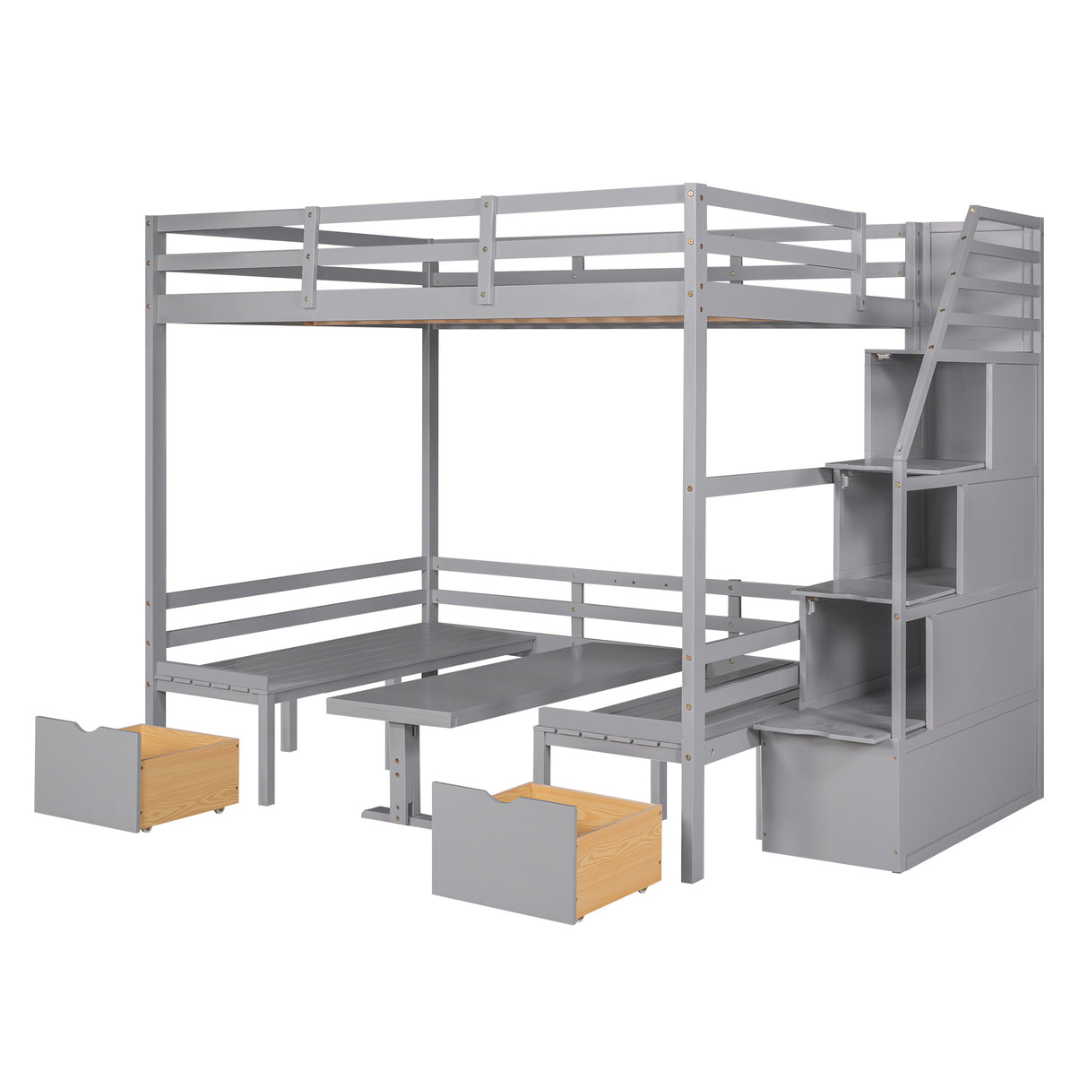 Full over Full Size Bunk Bed with staircase,the Down Bed can be Convertible to Seats and Table Set,Grey - Home Elegance USA