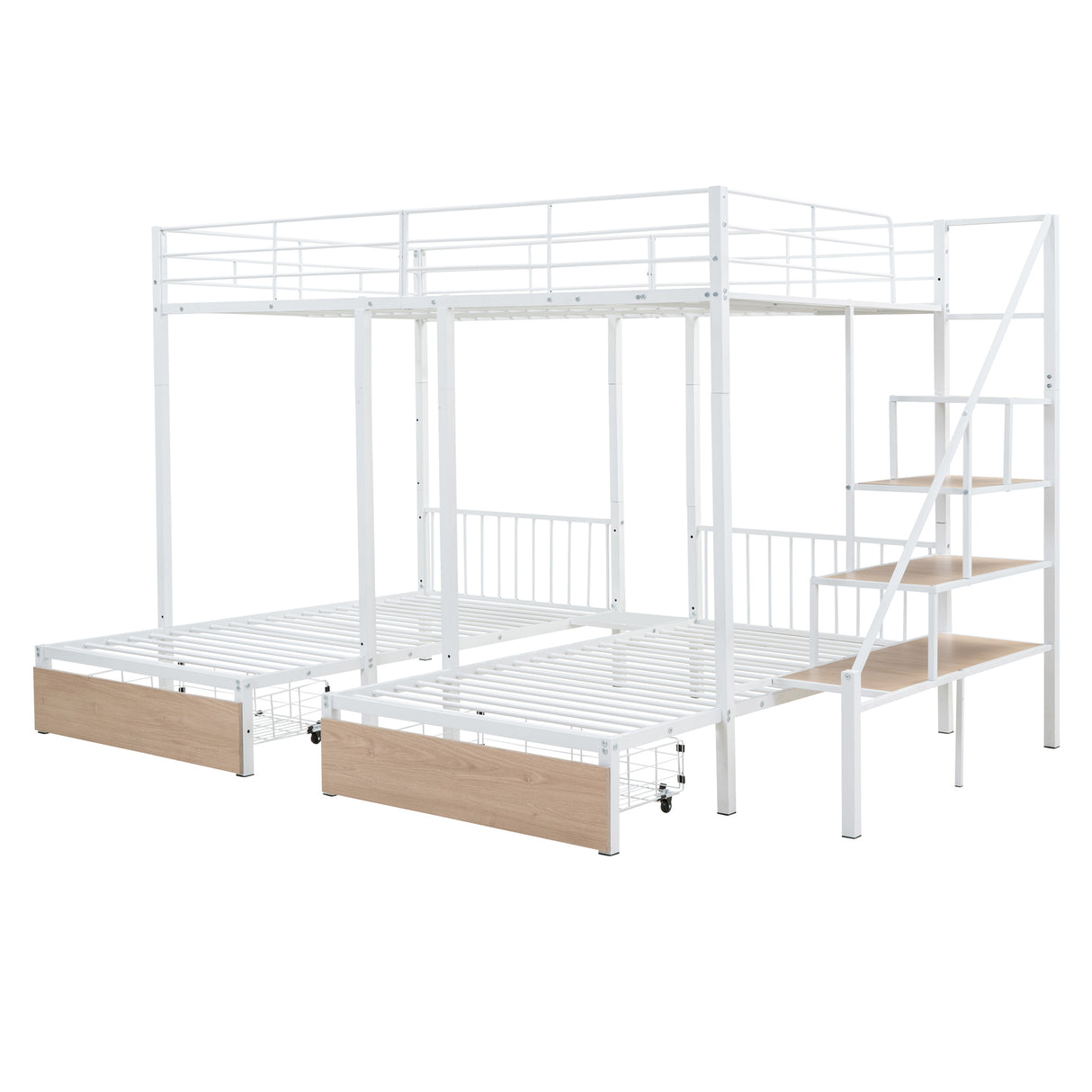 Full over Twin-Twin Triple bunk bed with drawers and staircase, White