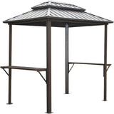 Grill Gazebo 8' × 6', Aluminum BBQ Gazebo Outdoor Metal Frame with Shelves Serving Tables, Permanent Double Roof Hard top Gazebos for Patio Lawn Deck Backyard and Garden (Brown)
