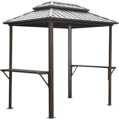8' × 6' Grill Gazebo | Aluminum BBQ Metal Frame with Shelves & Serving Tables | Permanent Double Roof Hardtop for Patio, Lawn & Backyard – Brown