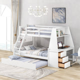 Twin over Full Bunk Bed with Trundle and Built-in Desk, Three Storage Drawers and Shelf,White - Home Elegance USA