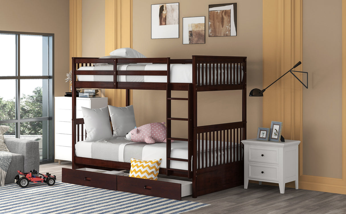 Twin-Over-Twin Bunk Bed with Ladders and Two Storage Drawers (Espresso) - Home Elegance USA