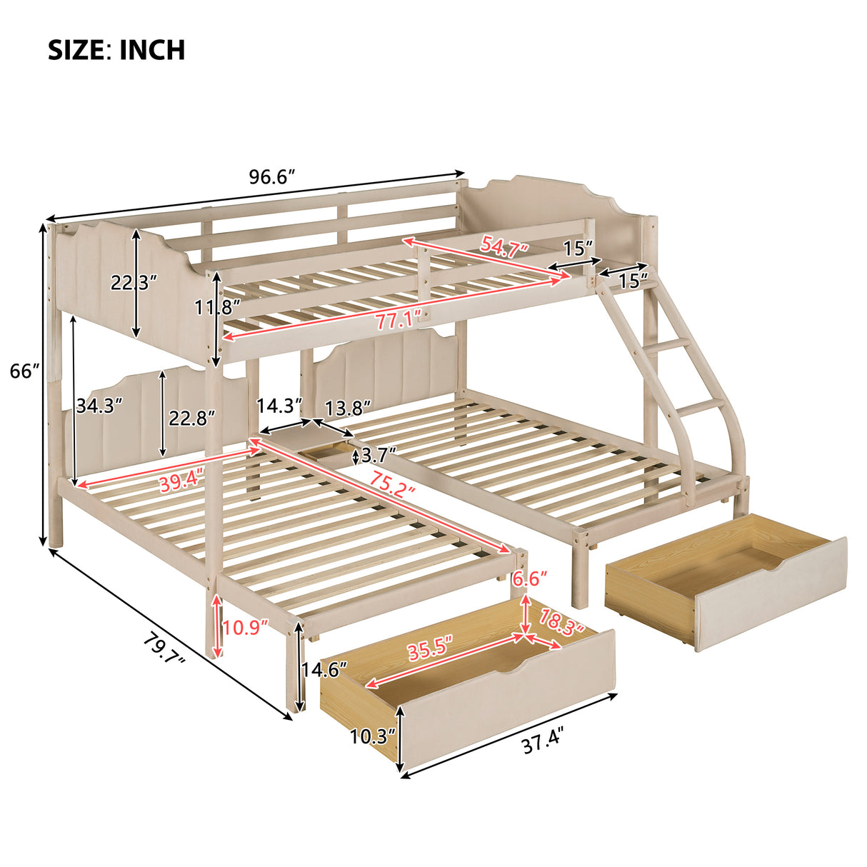 Full Over Twin & Twin Bunk Bed, Velvet Triple Bunk Bed with Drawers and Guardrails, Beige - Home Elegance USA