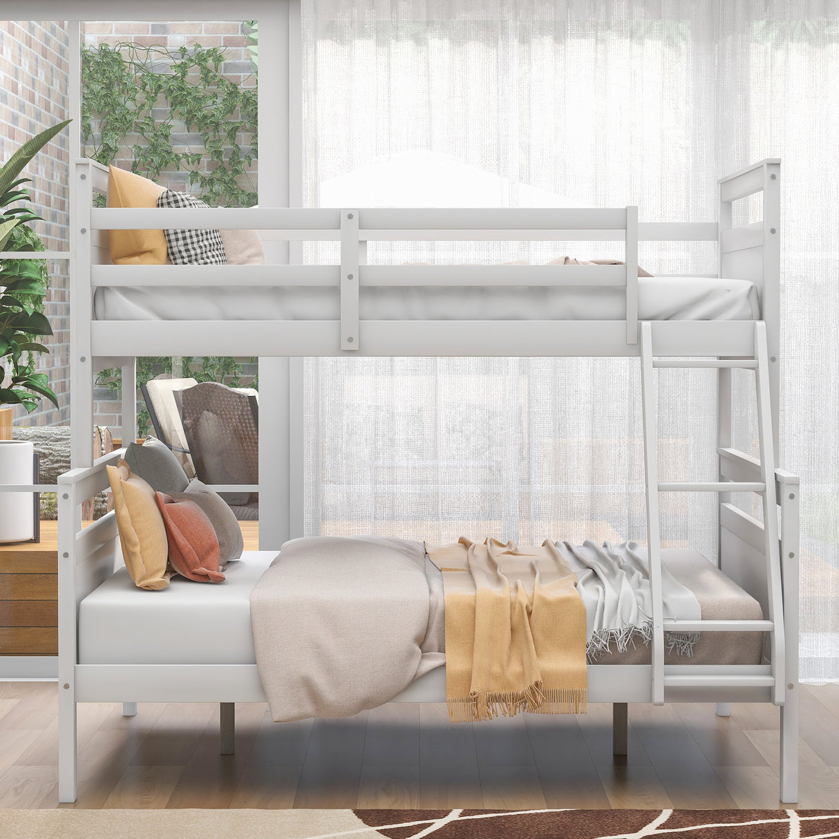 Twin over Full Bunk Bed with ladder, Safety Guardrail, Perfect for Bedroom, White - Home Elegance USA