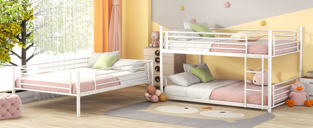 Full-Full-Full Metal  Triple Bed  with Built-in Ladder, Divided into Three Separate Beds,White - Home Elegance USA