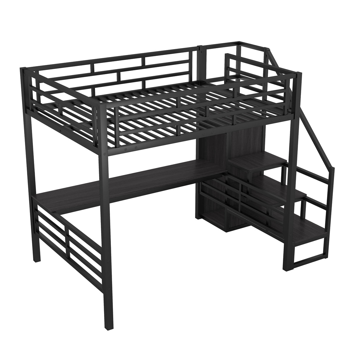 Full Size Metal Loft Bed with Desk, Storage Staircase and Small Wardrobe, Storage stairs can be installed left and right,Black - Home Elegance USA