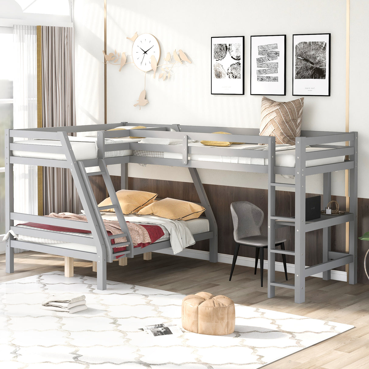 L-Shaped Twin over Full Bunk Bed and Twin Size Loft Bed with Built-in Desk,Gray - Home Elegance USA