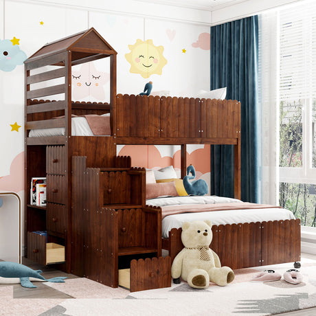 Stairway Twin Over Full Bunk Bed, House Bed with Two Shelves and Seven Drawers,Walnut - Home Elegance USA