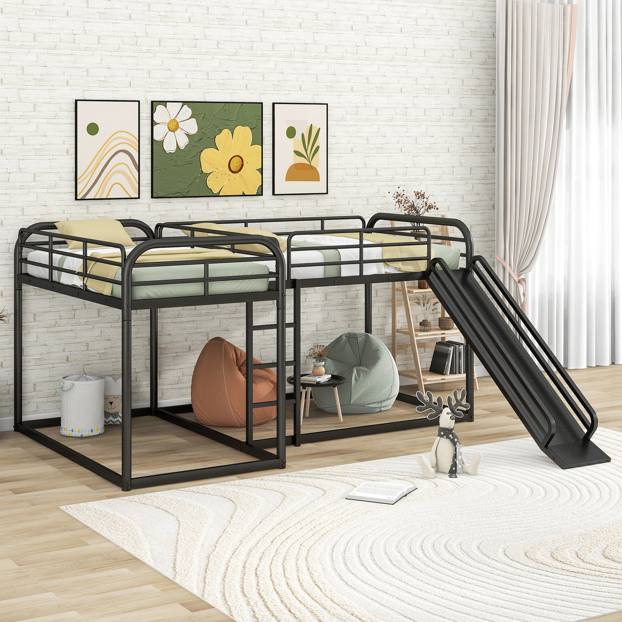 Full and Twin Size L-Shaped Bunk Bed with Slide and Short Ladder, Black - Home Elegance USA