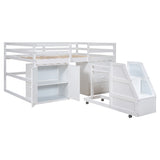 Full Size Functional Loft Bed with Cabinets and Drawers, Hanging Clothes at the back of the Staircase, White - Home Elegance USA