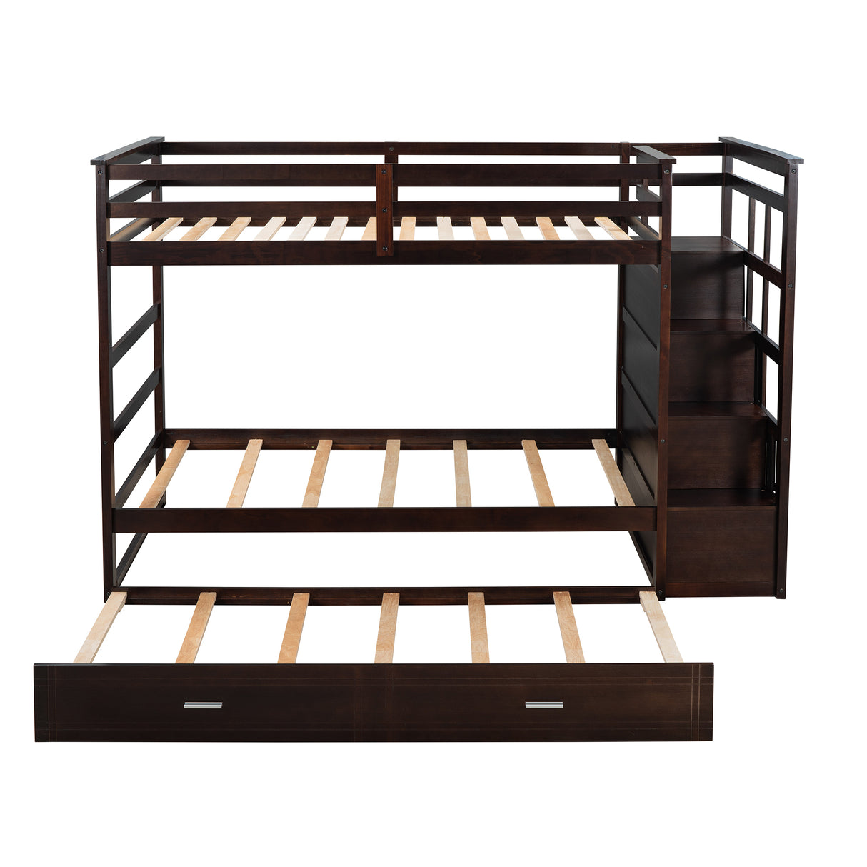 Solid Wood Bunk Bed , Hardwood Twin Over Twin Bunk Bed with Trundle and Staircase, Natural Espresso Finish (OLD SKU: LP000068AAP) - Home Elegance USA