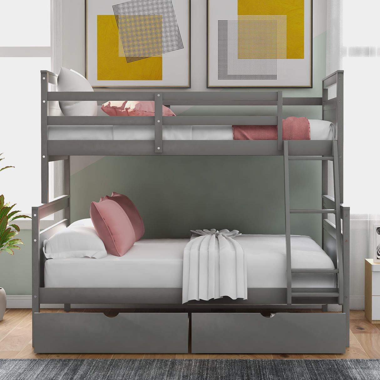 Twin over Full Bunk Bed with Ladder, Two Storage Drawers, Safety Guardrail, Gray - Home Elegance USA