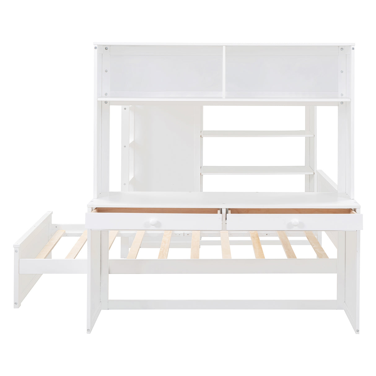 Full size Loft Bed with a twin size Stand-alone bed, Shelves,Desk,and Wardrobe-White - Home Elegance USA