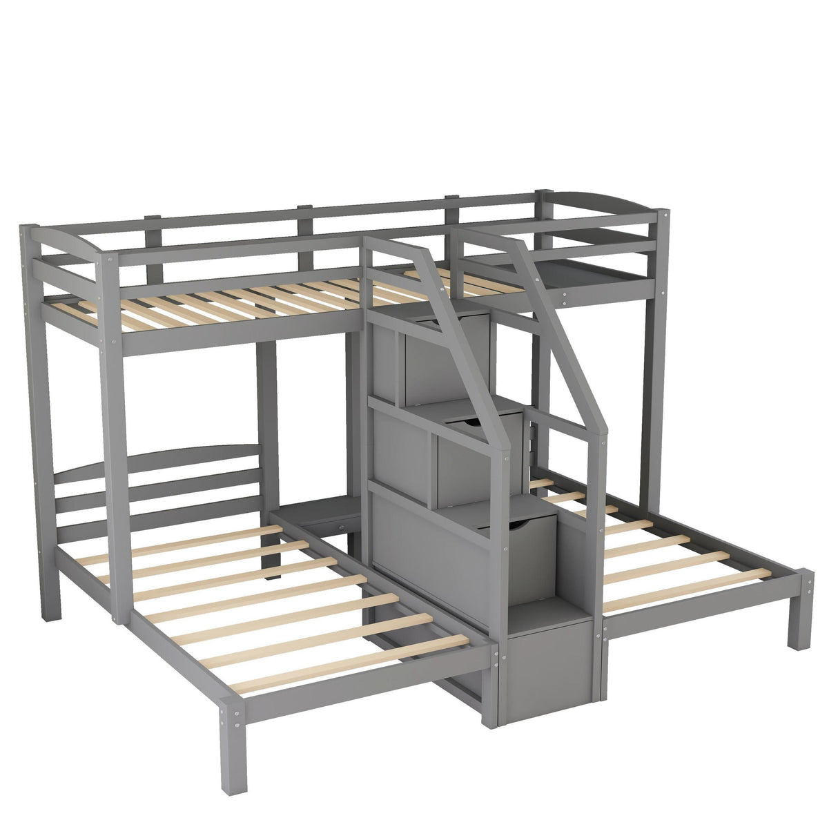 Twin over Twin & Twin Bunk Bed with Built-in Staircase and Storage Drawer,Gray - Home Elegance USA