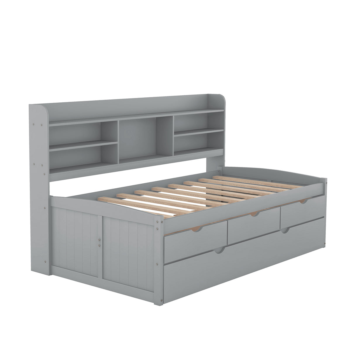 Twin Size Wooden Captain Bed with Built-in Bookshelves,Three Storage Drawers and Trundle,Light Grey - Home Elegance USA