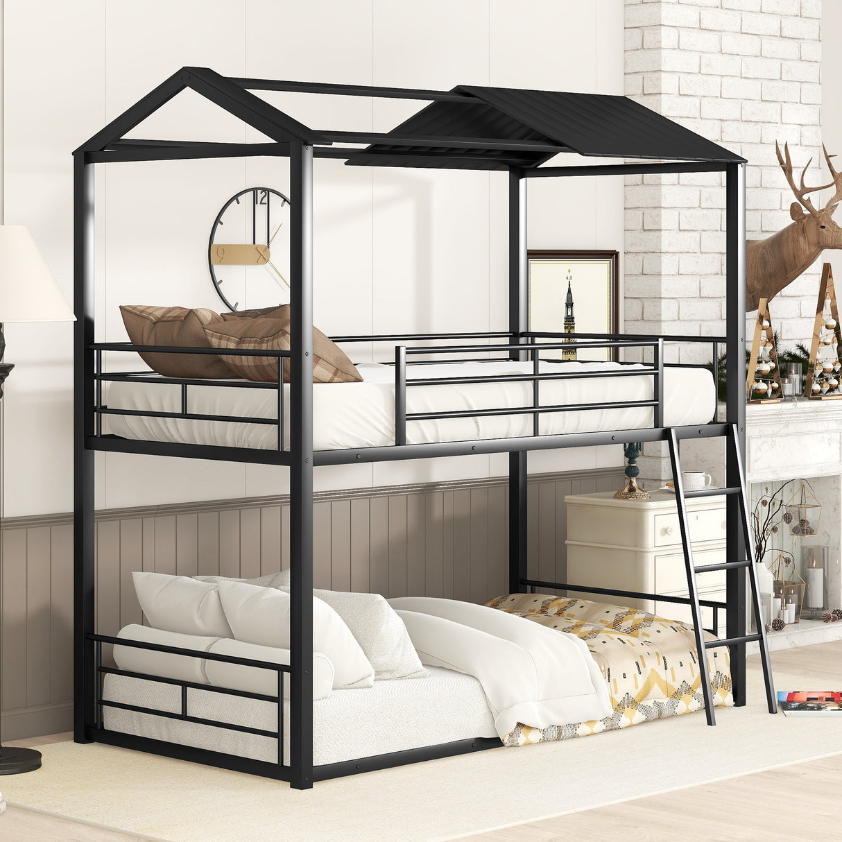 Twin Over Twin Bunk Bed Metal Bed with Half Roof, Guardrail and Ladder Black - Home Elegance USA