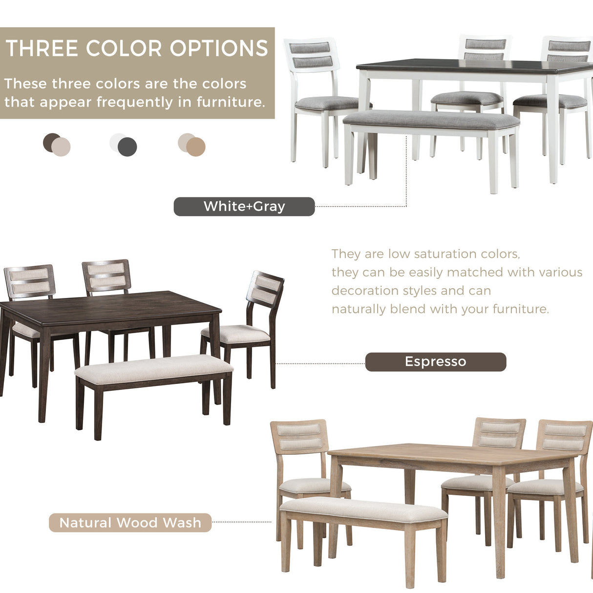 TREXM Classic and Traditional Style 6 - Piece Dining Set, Includes Dining Table, 4 Upholstered Chairs & Bench (White+Gray) - Home Elegance USA