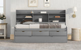 Twin Size Wooden Captain Bed with Built-in Bookshelves,Three Storage Drawers and Trundle,Light Grey - Home Elegance USA