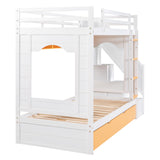 Twin Over Twin Bunk Bed with Trundle ,Stairs,Ladders Solid Wood Bunk bed with Storage Cabinet （White + Yellow） - Home Elegance USA