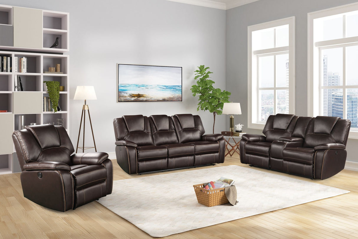 Hong Kong 3 Piece Power Reclining Sofa Set made with Faux Leather in Brown Home Elegance USA