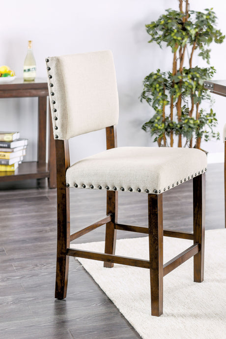 Classic Set of 2pc Counter Height Dining Chairs Ivory Fabric Padded Linen Chairs Upholstered Cushion High Chairs Nailhead Trim Kitchen Dining Room Solid wood Brown Cherry - Home Elegance USA