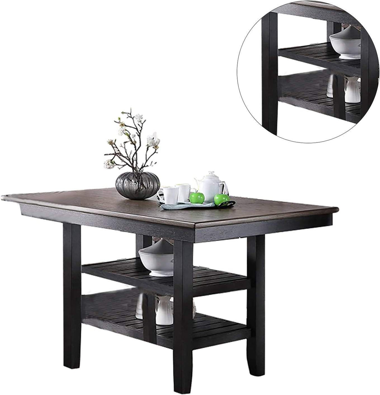 Transitional Dining Room 7pc Set Dark Coffee Rubberwood Counter Height Dining Table w 2x Shelfs and 6x High Chairs Fabric Upholstered seats Unique Back Counter Height Chairs - Home Elegance USA