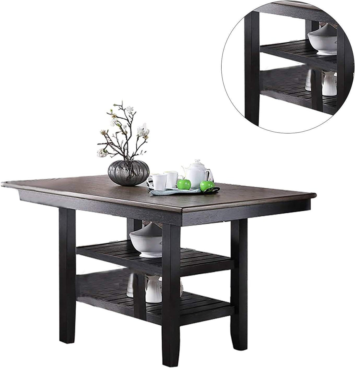 1pc Cunter Height Dining Table Dark Coffee Finish Kitchen Breakfast Dining Room Furniture Table w 2x Storage Shelve Rubber wood - Home Elegance USA