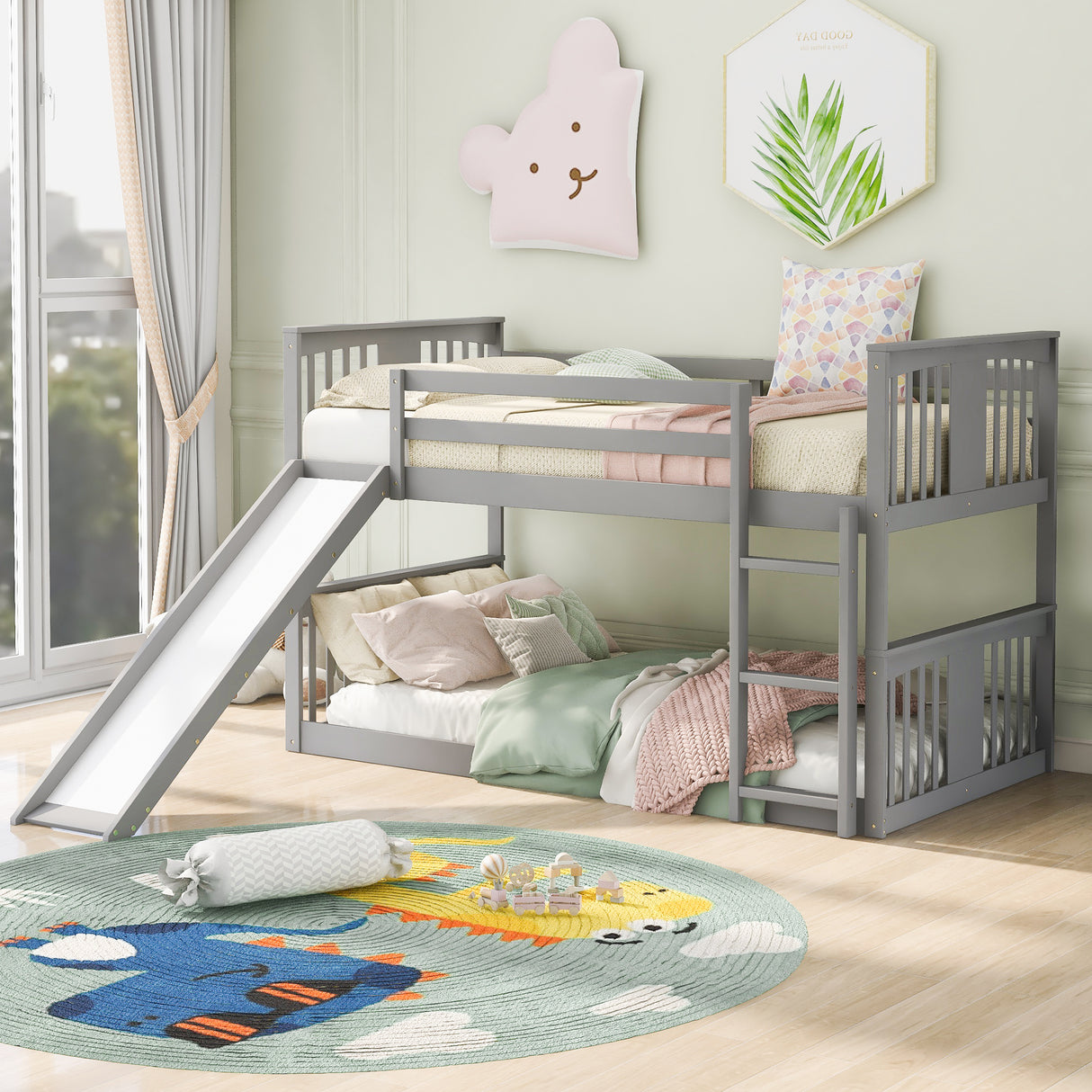 Twin Over Twin Bunk Bed with Slide and Ladder, Gray (Old SKU：LP000108AAE) - Home Elegance USA