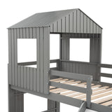 Wooden Twin Over Full Bunk Bed, Loft Bed with Playhouse, Farmhouse, Ladder, Slide and Guardrails, Gray(OLD SKU :LT000028AAN) Home Elegance USA