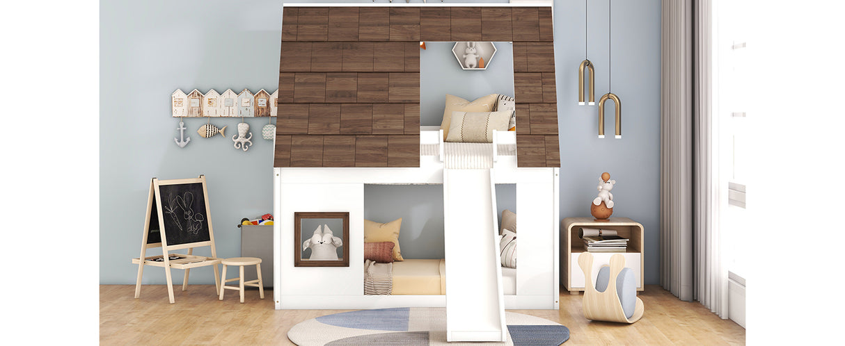 Wood Twin Size House Bunk Bed with Roof, Ladder and Slide, White+Brown