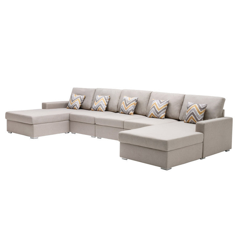 Nolan Beige Linen Fabric 5Pc Double Chaise Sectional Sofa with Pillows and Interchangeable Legs - Home Elegance USA