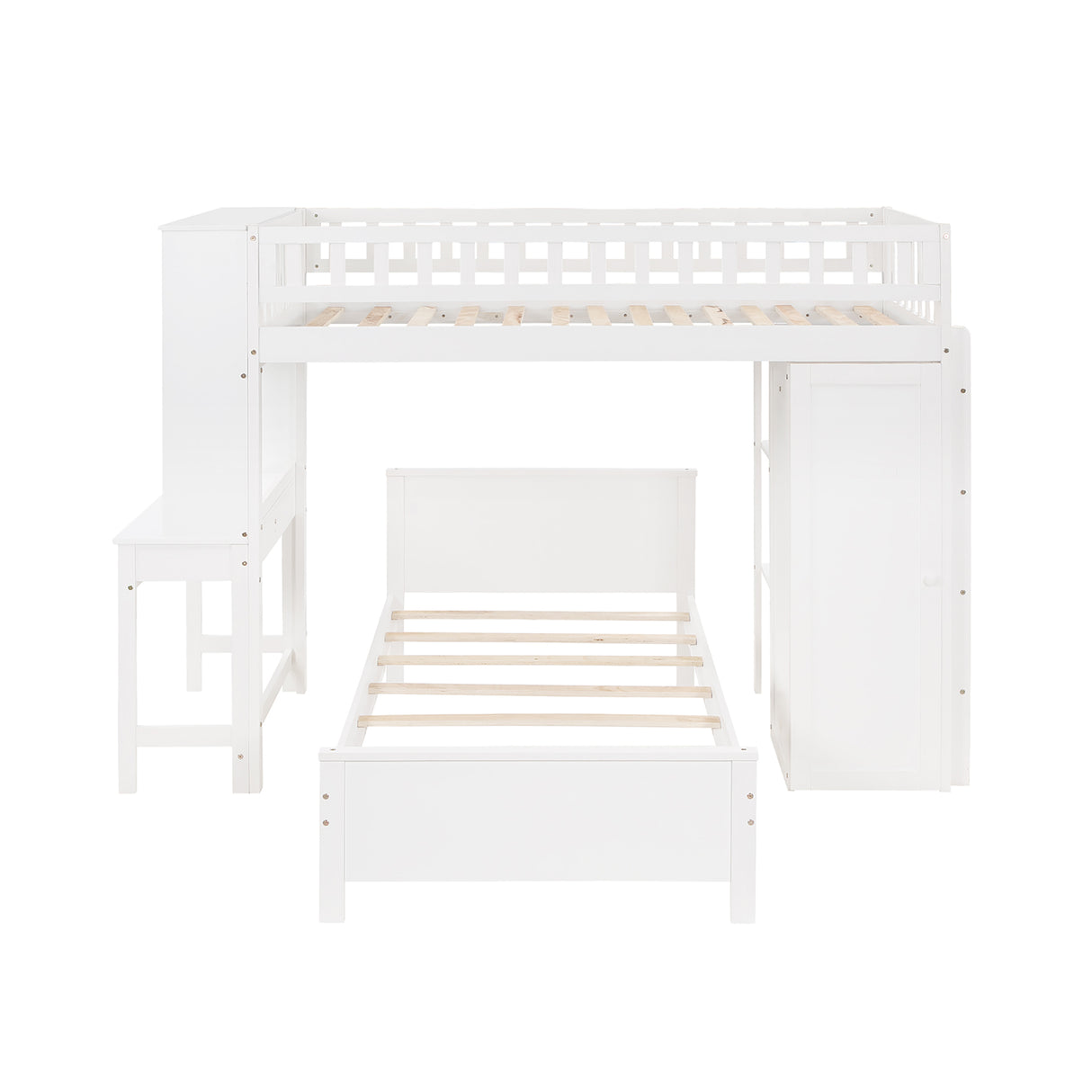 Twin Size Loft Bed with Closet and Desk, Extra Bottom Twin Bed, White - Home Elegance USA