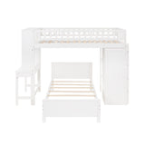 Twin Size Loft Bed with Closet and Desk, Extra Bottom Twin Bed, White - Home Elegance USA