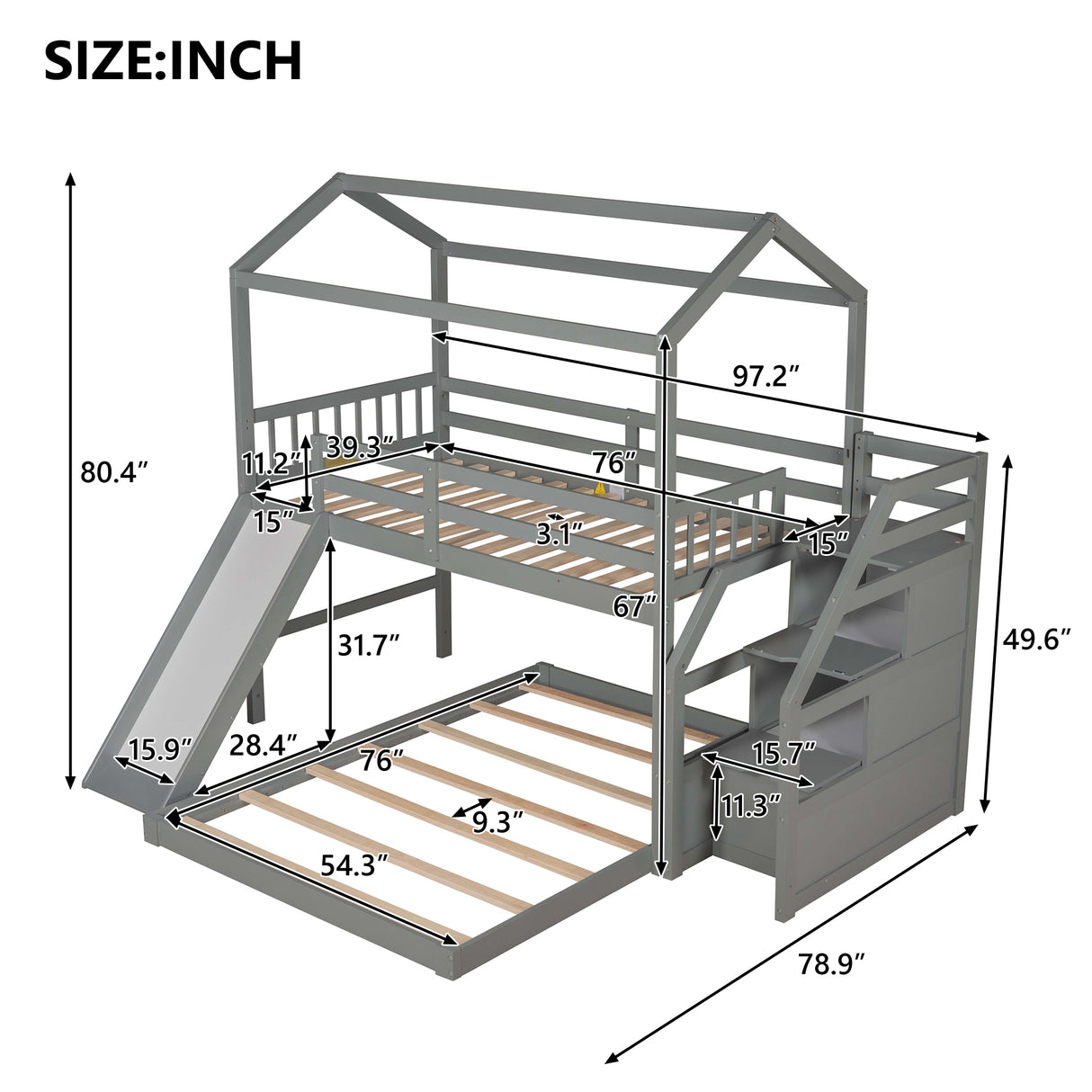 Twin over Full House Bunk Bed with Convertible Slide and Storage Staircase,Full-Length Guardrail,Gray - Home Elegance USA