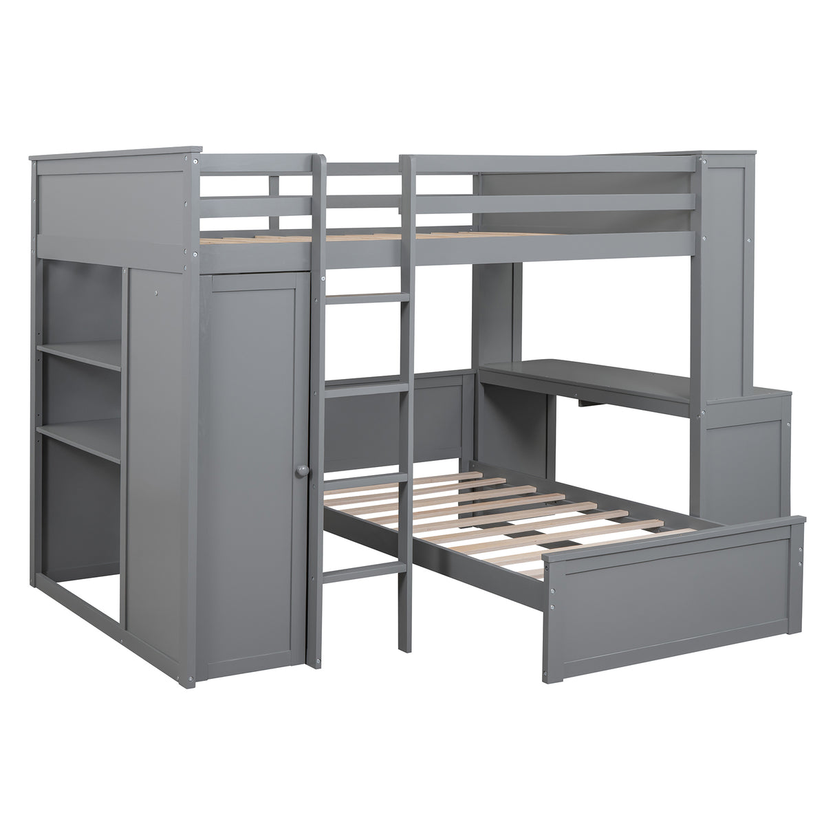 Full size Loft Bed with a twin size Stand-alone bed, Shelves,Desk,and Wardrobe-Gray - Home Elegance USA