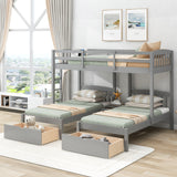 Twin over Twin & Twin Bunk Bed with Two Drawers and Built-in Middle Drawer, Gray - Home Elegance USA