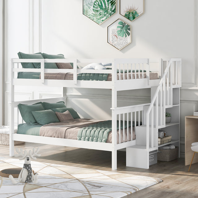 Stairway Full-Over-Full Bunk Bed with Storage and Guard Rail for Bedroom, Dorm, White color(OLD SKU :LP001110AAK) - Home Elegance USA