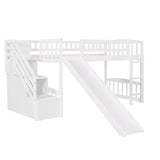 Stairway Twin Size Loft Bed with Two Drawers and Slide, White（OLD SKU:LP000515AAK） - Home Elegance USA