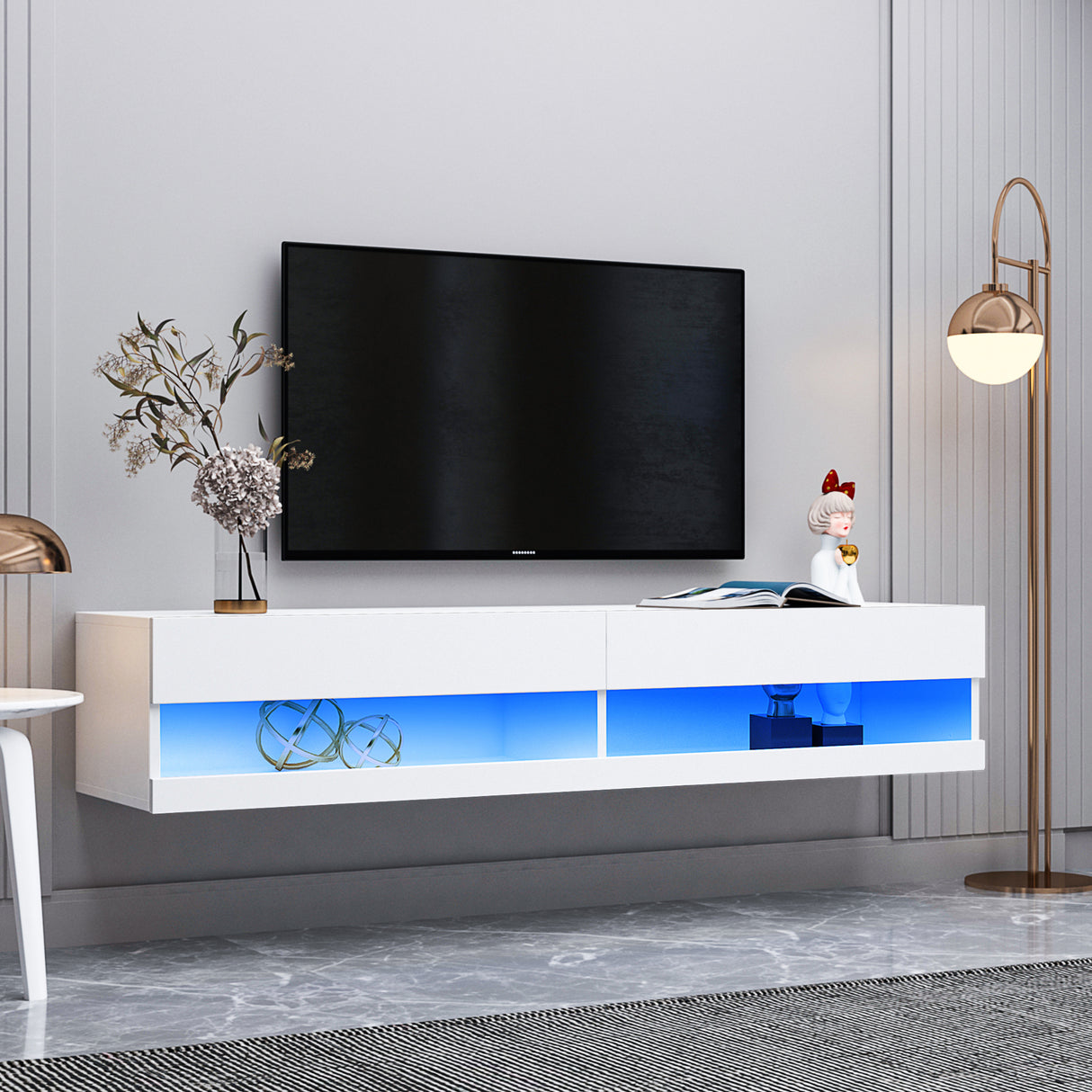 180 Wall Mounted Floating 80" TV Stand with 20 Color LEDs White Home Elegance USA