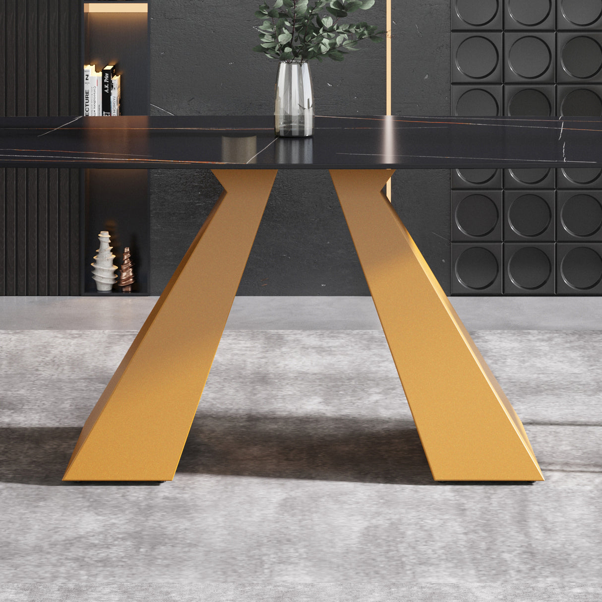 63"Modern artificial stone black curved golden metal leg dining table - 6 people - W1535S00160 - image - 7