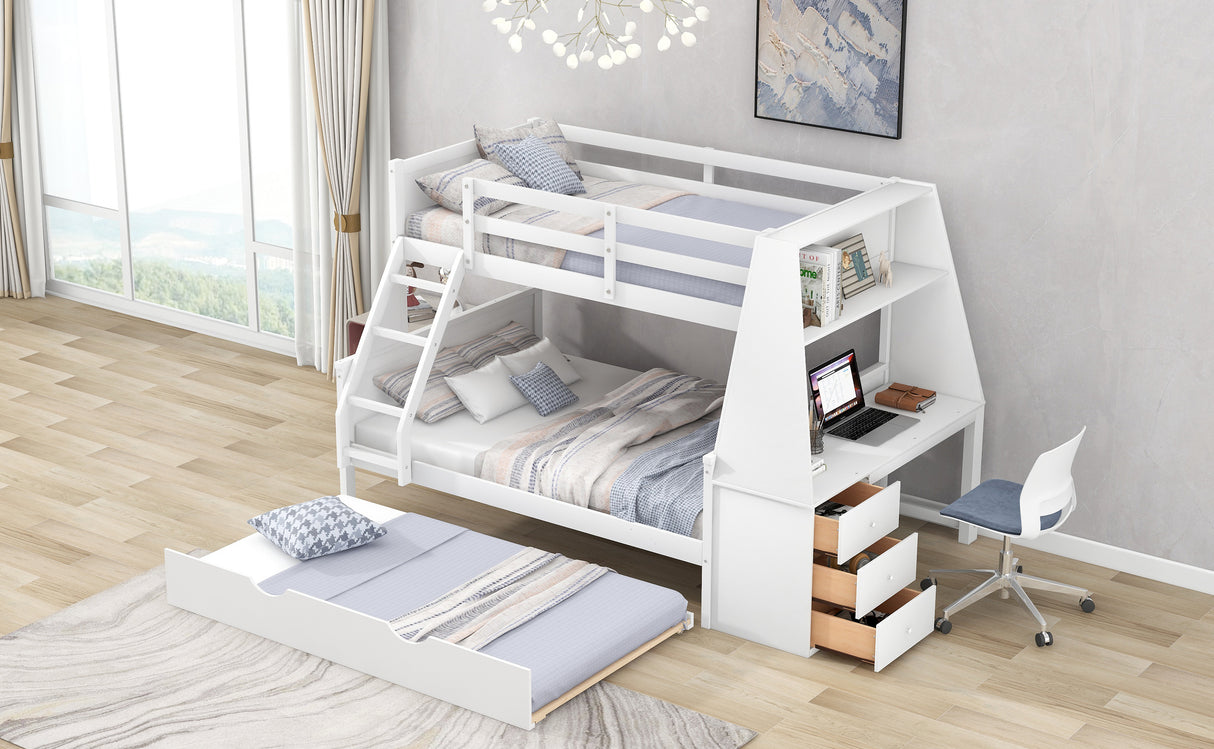 Twin over Full Bunk Bed with Trundle and Built-in Desk, Three Storage Drawers and Shelf,White - Home Elegance USA