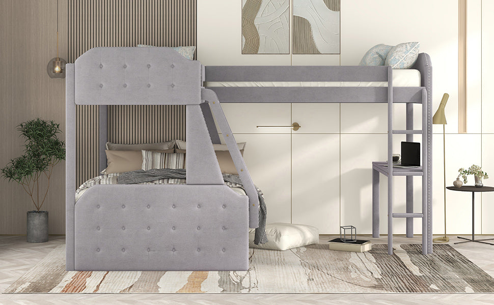 L-Shaped Twin over Full Bunk Bed and Twin Size Loft Bed with Desk,Grey - Home Elegance USA